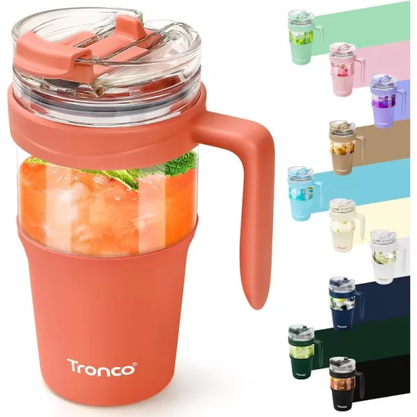 Tronco 40 oz Glass Tumbler with Straw and Lid Leakproof Flip Straw Reusable Glass Tumbler with Handle Iced Coffee Cup with Plastic Lid Glass Water Bottles Fit in Cup HolderSmoothie CupCoral Orange