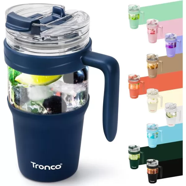 Tronco 40 oz Glass Tumbler with Straw and Lid Leakproof Flip Straw Reusable Glass Tumbler with Handle Iced Coffee Cup with Plastic Lid Glass Water Bottles Fit in Cup HolderSmoothie CupNavy Blue
