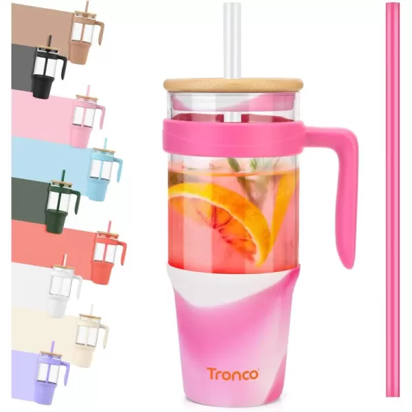 Tronco 40 oz Glass Tumbler with Straw and Lid Leakproof Flip Straw Reusable Glass Tumbler with Handle Iced Coffee Cup with Plastic Lid Glass Water Bottles Fit in Cup HolderSmoothie CupMixedRosy RedBamboo