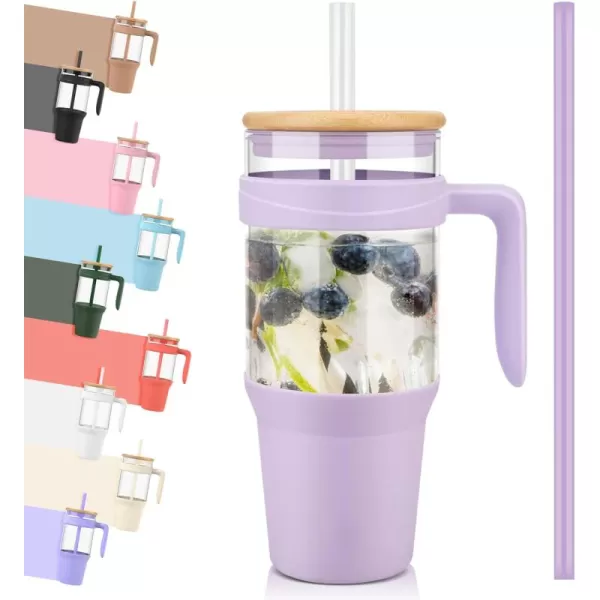 Tronco 40 oz Glass Tumbler with Straw and Lid Leakproof Flip Straw Reusable Glass Tumbler with Handle Iced Coffee Cup with Plastic Lid Glass Water Bottles Fit in Cup HolderSmoothie CupLight PurpleBamboo