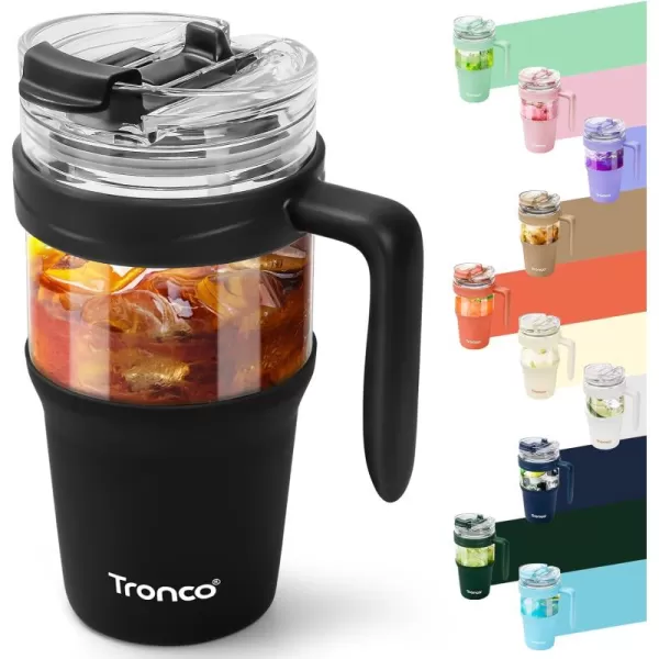 Tronco 40 oz Glass Tumbler with Straw and Lid Leakproof Flip Straw Reusable Glass Tumbler with Handle Iced Coffee Cup with Plastic Lid Glass Water Bottles Fit in Cup HolderSmoothie CupBlack