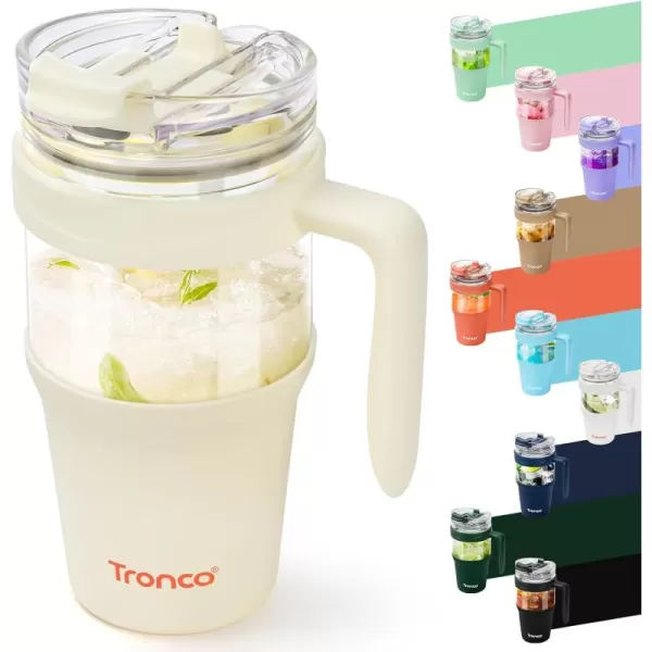 Tronco 40 oz Glass Tumbler with Straw and Lid Leakproof Flip Straw Reusable Glass Tumbler with Handle Iced Coffee Cup with Plastic Lid Glass Water Bottles Fit in Cup HolderSmoothie CupCream