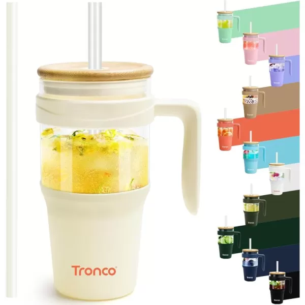 Tronco 40 oz Glass Tumbler with Straw and Lid Leakproof Flip Straw Reusable Glass Tumbler with Handle Iced Coffee Cup with Plastic Lid Glass Water Bottles Fit in Cup HolderSmoothie CupCreamBamboo
