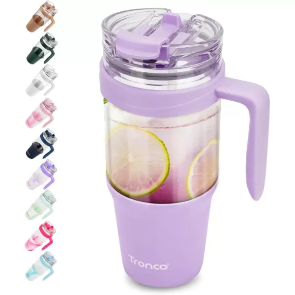 Tronco 40 oz Glass Tumbler with Straw and Lid Leakproof Flip Straw Reusable Glass Tumbler with Handle Iced Coffee Cup with Plastic Lid Glass Water Bottles Fit in Cup HolderSmoothie CupLight Purple