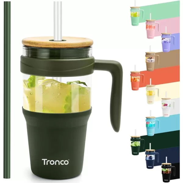 Tronco 40 oz Glass Tumbler with Straw and Lid Leakproof Flip Straw Reusable Glass Tumbler with Handle Iced Coffee Cup with Plastic Lid Glass Water Bottles Fit in Cup HolderSmoothie CupOliveBamboo