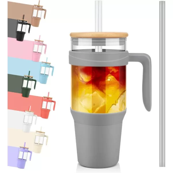 Tronco 40 oz Glass Tumbler with Straw and Lid Leakproof Flip Straw Reusable Glass Tumbler with Handle Iced Coffee Cup with Plastic Lid Glass Water Bottles Fit in Cup HolderSmoothie CupFrench GreyBamboo