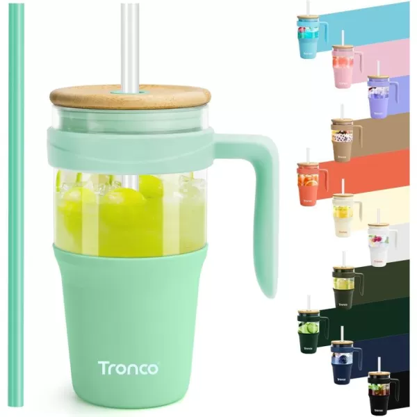Tronco 40 oz Glass Tumbler with Straw and Lid Leakproof Flip Straw Reusable Glass Tumbler with Handle Iced Coffee Cup with Plastic Lid Glass Water Bottles Fit in Cup HolderSmoothie CupLight GreenBamboo