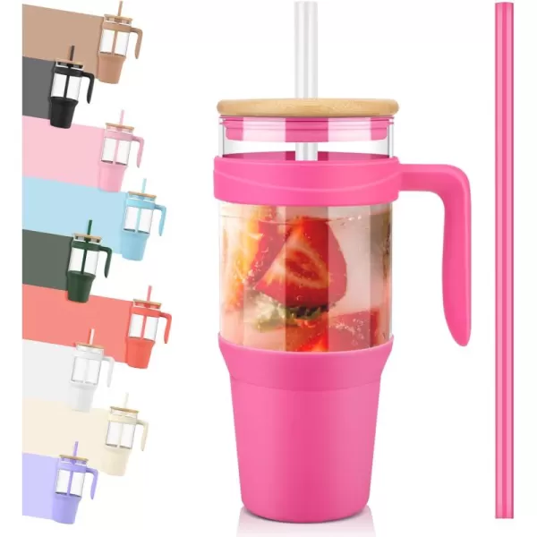 Tronco 40 oz Glass Tumbler with Straw and Lid Leakproof Flip Straw Reusable Glass Tumbler with Handle Iced Coffee Cup with Plastic Lid Glass Water Bottles Fit in Cup HolderSmoothie CupRosy RedBamboo