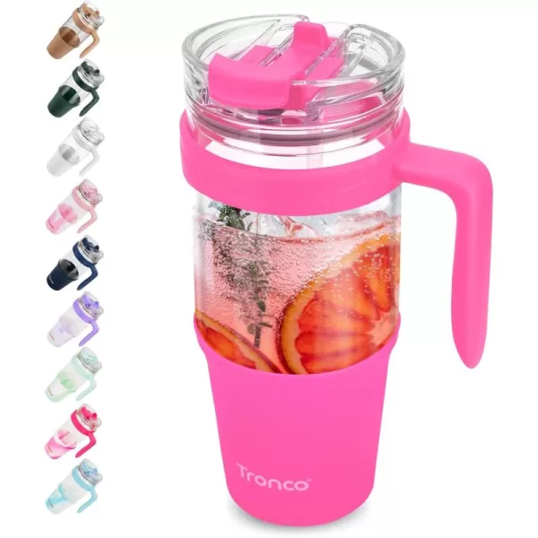 Tronco 40 oz Glass Tumbler with Straw and Lid Leakproof Flip Straw Reusable Glass Tumbler with Handle Iced Coffee Cup with Plastic Lid Glass Water Bottles Fit in Cup HolderSmoothie CupRosy Red
