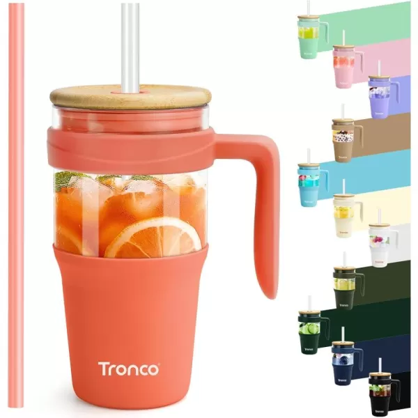 Tronco 40 oz Glass Tumbler with Straw and Lid Leakproof Flip Straw Reusable Glass Tumbler with Handle Iced Coffee Cup with Plastic Lid Glass Water Bottles Fit in Cup HolderSmoothie CupCoral OrangeBamboo