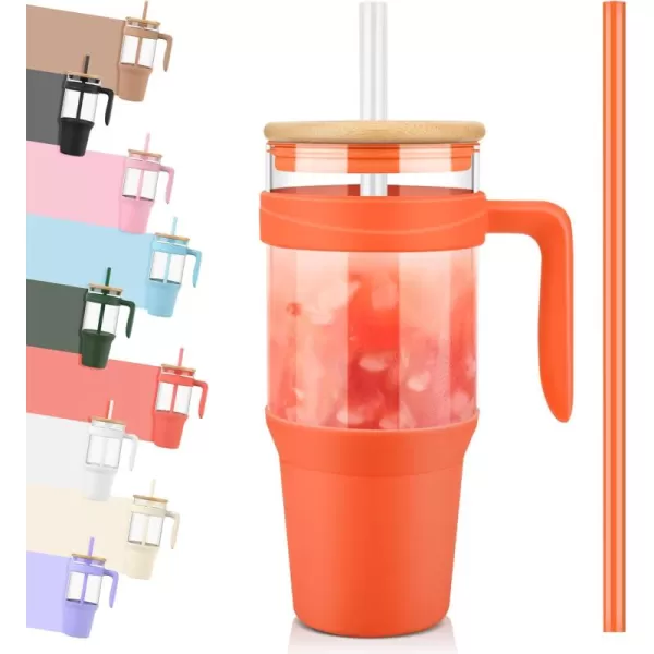 Tronco 40 oz Glass Tumbler with Straw and Lid Leakproof Flip Straw Reusable Glass Tumbler with Handle Iced Coffee Cup with Plastic Lid Glass Water Bottles Fit in Cup HolderSmoothie CupOrangeBamboo