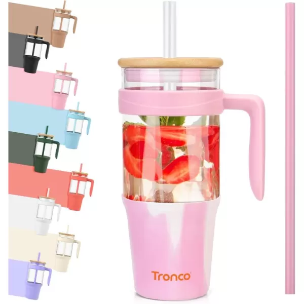 Tronco 40 oz Glass Tumbler with Straw and Lid Leakproof Flip Straw Reusable Glass Tumbler with Handle Iced Coffee Cup with Plastic Lid Glass Water Bottles Fit in Cup HolderSmoothie CupMixedPinkBamboo