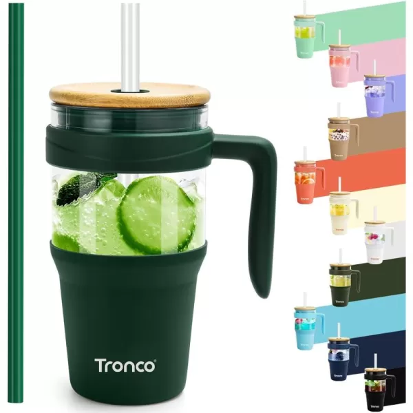Tronco 40 oz Glass Tumbler with Straw and Lid Leakproof Flip Straw Reusable Glass Tumbler with Handle Iced Coffee Cup with Plastic Lid Glass Water Bottles Fit in Cup HolderSmoothie CupGreenBamboo