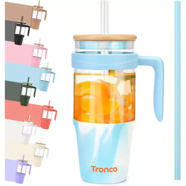 Tronco 40 oz Glass Tumbler with Straw and Lid Leakproof Flip Straw Reusable Glass Tumbler with Handle Iced Coffee Cup with Plastic Lid Glass Water Bottles Fit in Cup HolderSmoothie CupMixedSkyblueBamboo