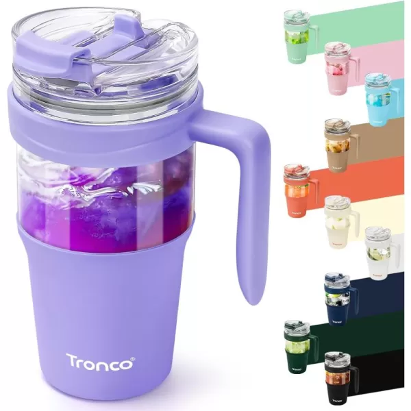 Tronco 40 oz Glass Tumbler with Straw and Lid Leakproof Flip Straw Reusable Glass Tumbler with Handle Iced Coffee Cup with Plastic Lid Glass Water Bottles Fit in Cup HolderSmoothie CupPurple