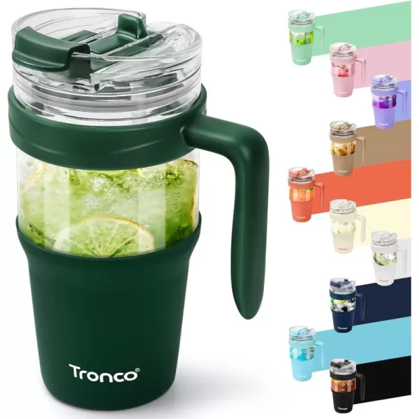 Tronco 40 oz Glass Tumbler with Straw and Lid Leakproof Flip Straw Reusable Glass Tumbler with Handle Iced Coffee Cup with Plastic Lid Glass Water Bottles Fit in Cup HolderSmoothie CupGreen