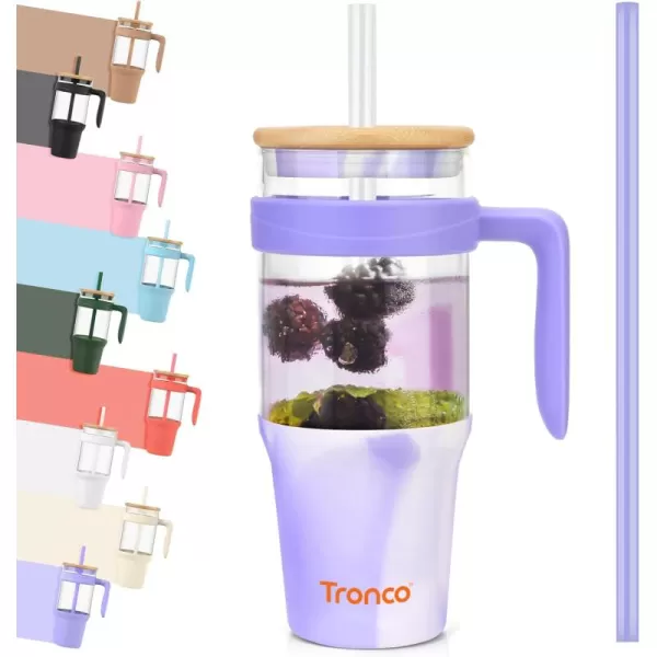Tronco 40 oz Glass Tumbler with Straw and Lid Leakproof Flip Straw Reusable Glass Tumbler with Handle Iced Coffee Cup with Plastic Lid Glass Water Bottles Fit in Cup HolderSmoothie CupMixedPurpleBamboo