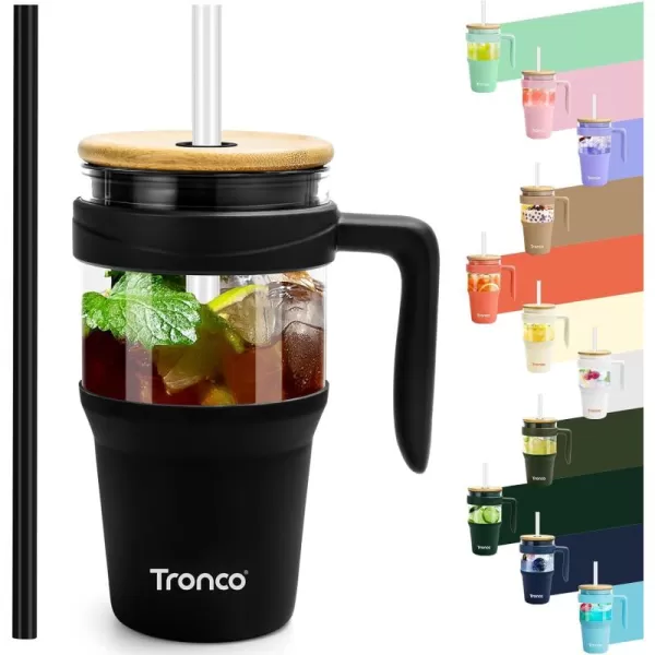 Tronco 40 oz Glass Tumbler with Straw and Lid Leakproof Flip Straw Reusable Glass Tumbler with Handle Iced Coffee Cup with Plastic Lid Glass Water Bottles Fit in Cup HolderSmoothie CupBlackBamboo