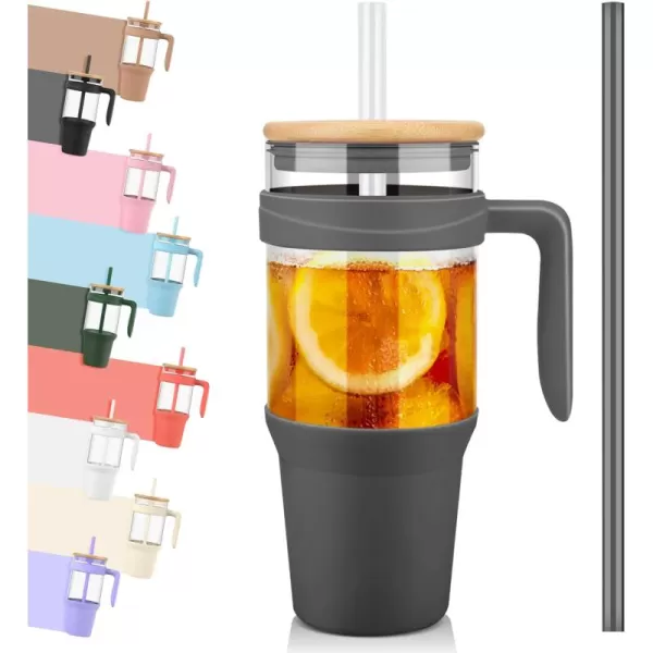 Tronco 40 oz Glass Tumbler with Straw and Lid Leakproof Flip Straw Reusable Glass Tumbler with Handle Iced Coffee Cup with Plastic Lid Glass Water Bottles Fit in Cup HolderSmoothie CupCharcoalBamboo