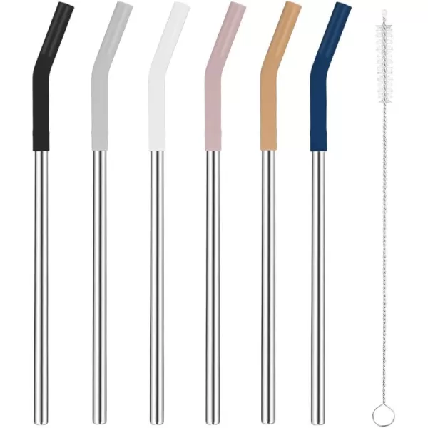 Tronco Set of 6 Stainless Steel Reusable Metal Straws with Silicone Flex Tips Elbows Cover Metal Drinking Straws for Tronco Tumbler 6 Steel Straws6 Silicone Tips1 Straw Cleaning BrushStainless multi color
