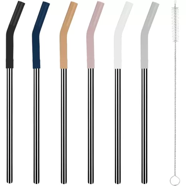 Tronco Set of 6 Stainless Steel Reusable Metal Straws with Silicone Flex Tips Elbows Cover Metal Drinking Straws for Tronco Tumbler 6 Steel Straws6 Silicone Tips1 Straw Cleaning BrushStainless Back