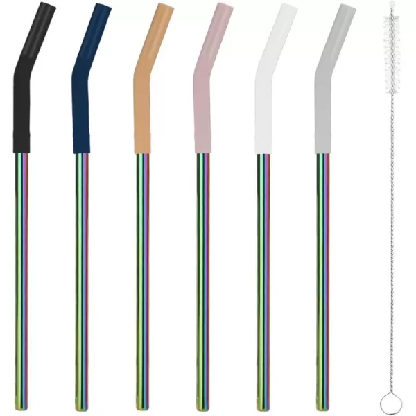 Tronco Set of 6 Stainless Steel Reusable Metal Straws with Silicone Flex Tips Elbows Cover Metal Drinking Straws for Tronco Tumbler 6 Steel Straws6 Silicone Tips1 Straw Cleaning BrushStainless Iridescence