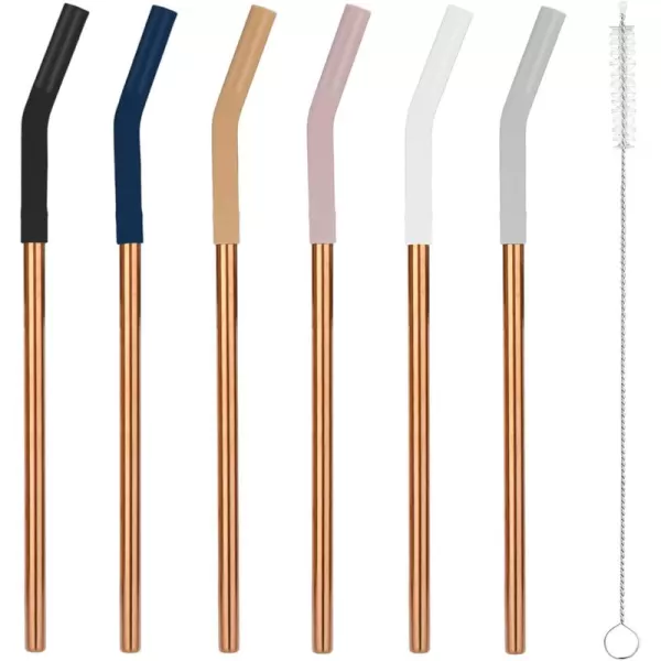Tronco Set of 6 Stainless Steel Reusable Metal Straws with Silicone Flex Tips Elbows Cover Metal Drinking Straws for Tronco Tumbler 6 Steel Straws6 Silicone Tips1 Straw Cleaning BrushStainless Rose Gold