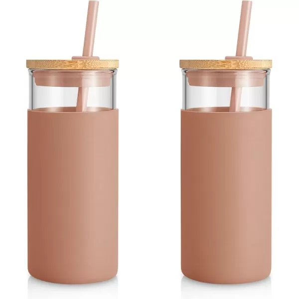 tronco 20 oz Glass Tumbler Glass Water Bottle Straw Silicone Protective Sleeve Bamboo Lid  BPA Free Coffee Color 2pack