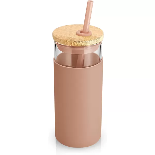 tronco 20 oz Glass Tumbler Glass Water Bottle Straw Silicone Protective Sleeve Bamboo Lid  BPA Free Coffee Color 2pack