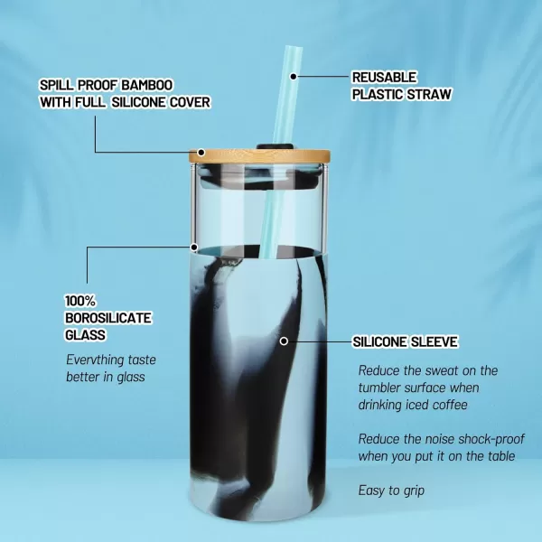 tronco 20 oz Glass Tumbler with Straw and Lid  Glass Cup with Lid and Straw Smoothie Cup Iced Coffee Cup  Bamboo Lid and Protective Silicone Sleeve  BPAFree