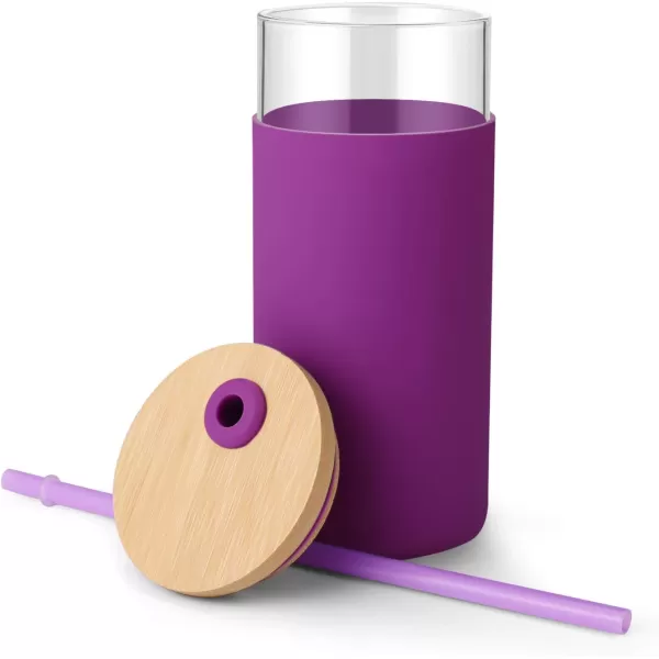 tronco 20oz Glass Tumbler Glass Water Bottle Straw Silicone Protective Sleeve Bamboo Lid  BPA Free Violet 1 Pack