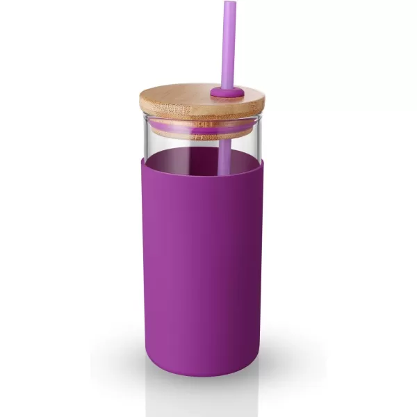 tronco 20oz Glass Tumbler Glass Water Bottle Straw Silicone Protective Sleeve Bamboo Lid  BPA Free Violet 1 Pack
