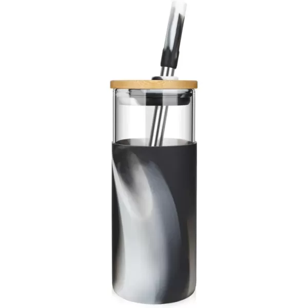 Tronco 20oz Glass Tumbler with Bamboo Lid and StrawIced Coffee Cup ReusableSmoothie Cup Spill Proof Glass Water Bottle With Silicone Protective Sleeve BPA FreeBlack  white Rainbow