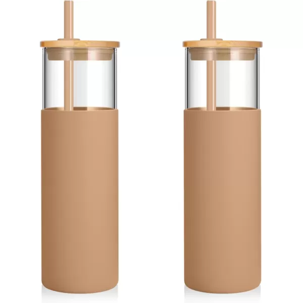 Tronco 16 oz Glass Tumbler with Straw and Bamboo Lid Iced Coffee Cup Reusable Smoothie Cups Tumbler with Silicone Protective Sleeve  BPA FreeAmber2 Pack