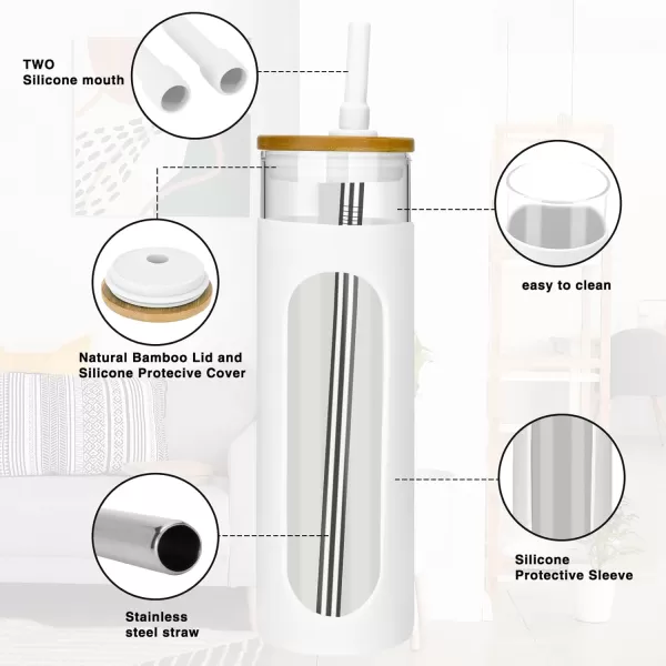 Tronco 22oz Glass Tumbler with Bamboo Lid and Straw Glass Cup For BobaIced CoffeeSmoothie Spill Proof Glass Water Bottle With Silicone Protective Sleeve Dishwasher SafeBPA FreeWhiteAmber