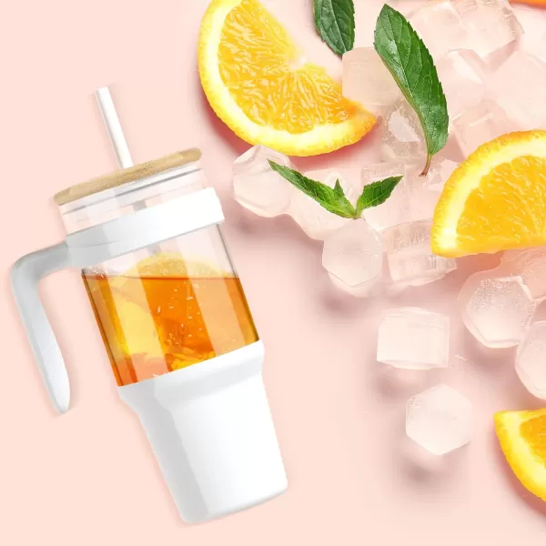 Tronco 40 oz Glass Tumbler with Straw and Lid Leakproof Flip Straw Reusable Glass Tumbler with Handle Iced Coffee Cup with Plastic Lid Glass Water Bottles Fit in Cup HolderSmoothie CupWhiteBamboo