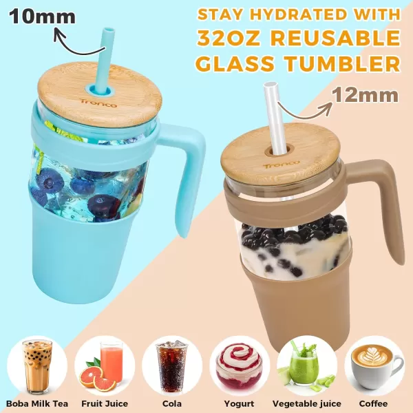 Tronco 40 oz Glass Tumbler with Straw and Lid Leakproof Flip Straw Reusable Glass Tumbler with Handle Iced Coffee Cup with Plastic Lid Glass Water Bottles Fit in Cup HolderSmoothie CupWhiteBamboo