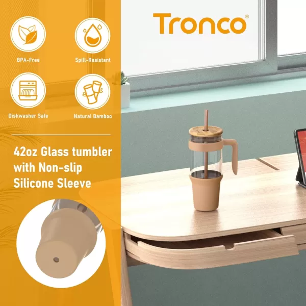 Tronco 40 oz Glass Tumbler with Straw and Lid Leakproof Flip Straw Reusable Glass Tumbler with Handle Iced Coffee Cup with Plastic Lid Glass Water Bottles Fit in Cup HolderSmoothie CupWhiteBamboo