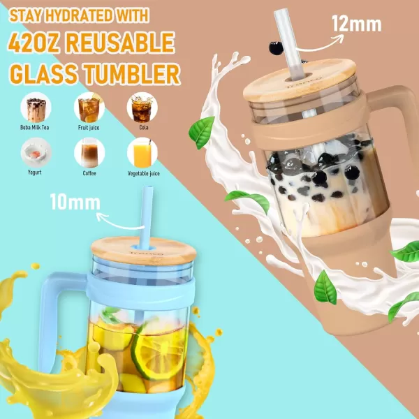 Tronco 40 oz Glass Tumbler with Straw and Lid Leakproof Flip Straw Reusable Glass Tumbler with Handle Iced Coffee Cup with Plastic Lid Glass Water Bottles Fit in Cup HolderSmoothie CupWhiteBamboo