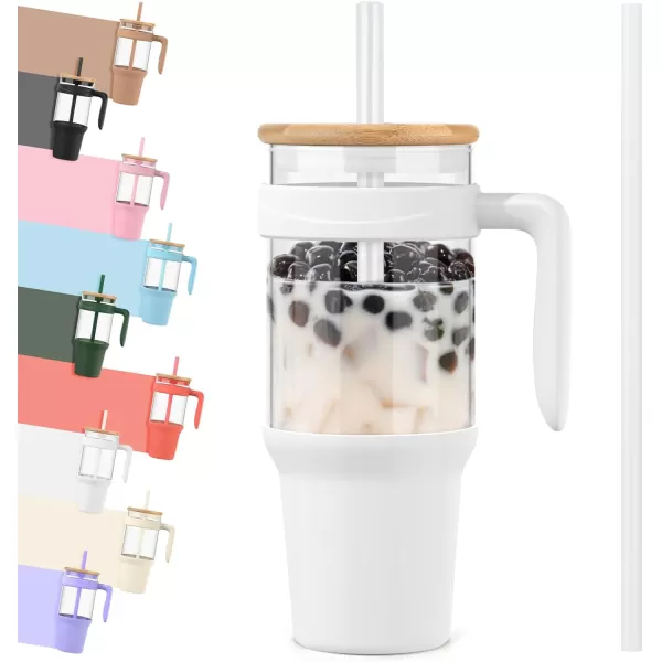 Tronco 40 oz Glass Tumbler with Straw and Lid Leakproof Flip Straw Reusable Glass Tumbler with Handle Iced Coffee Cup with Plastic Lid Glass Water Bottles Fit in Cup HolderSmoothie CupWhiteBamboo