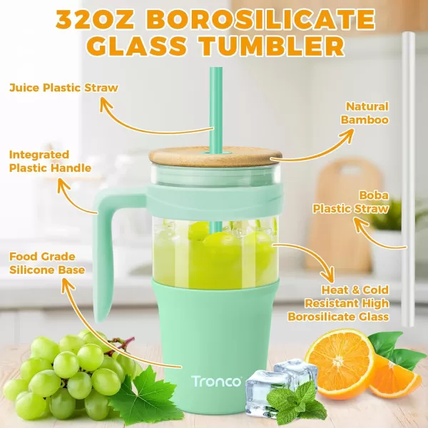 Tronco 40 oz Glass Tumbler with Straw and Lid Leakproof Flip Straw Reusable Glass Tumbler with Handle Iced Coffee Cup with Plastic Lid Glass Water Bottles Fit in Cup HolderSmoothie CupWhiteBamboo