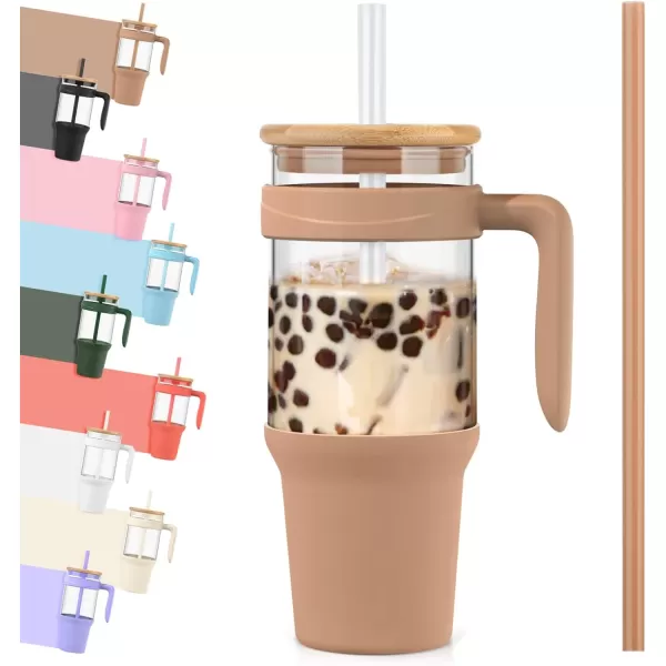 Tronco 40 oz Glass Tumbler with Straw and Lid Leakproof Flip Straw Reusable Glass Tumbler with Handle Iced Coffee Cup with Plastic Lid Glass Water Bottles Fit in Cup HolderSmoothie CupAmberBamboo