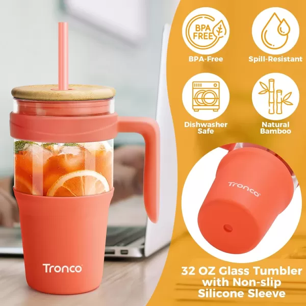 Tronco 40 oz Glass Tumbler with Straw and Lid Leakproof Flip Straw Reusable Glass Tumbler with Handle Iced Coffee Cup with Plastic Lid Glass Water Bottles Fit in Cup HolderSmoothie CupWhiteBamboo