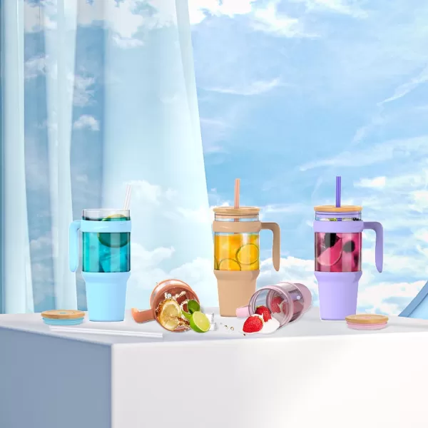 Tronco 40 oz Glass Tumbler with Straw and Lid Leakproof Flip Straw Reusable Glass Tumbler with Handle Iced Coffee Cup with Plastic Lid Glass Water Bottles Fit in Cup HolderSmoothie CupWhiteBamboo