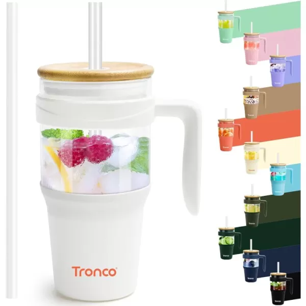 Tronco 40 oz Glass Tumbler with Straw and Lid Leakproof Flip Straw Reusable Glass Tumbler with Handle Iced Coffee Cup with Plastic Lid Glass Water Bottles Fit in Cup HolderSmoothie CupWhiteBamboo