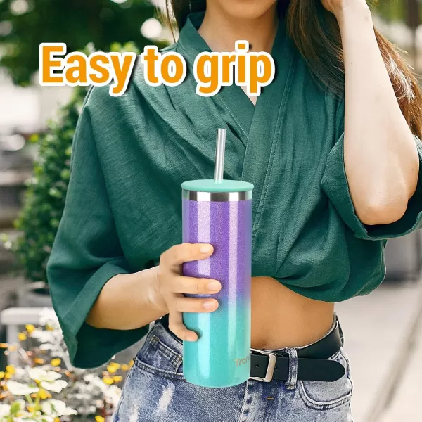 imageTronco 20oz Insulated Coffee Travel Mug Ceramic Lined Stainless Steel Iced Coffee Cup with Lid and Straw Double Wall Vacuum Tumbler for Travel Office School Camping Ideal Gift for Men and WomenPurple Green