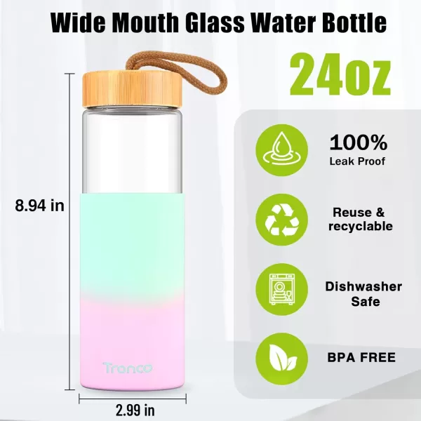 imageTronco 24oz Borosilicate Glass Water Bottle with Bamboo Lid NonSlip Silicone Sleeve LeakProof and Reusable Glass Bottle Perfect for giftsTravel Gym and Everyday Use BPAFree Dishwasher SafeGreenpink