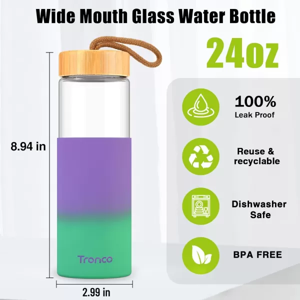 imageTronco 24oz Borosilicate Glass Water Bottle with Bamboo Lid NonSlip Silicone Sleeve LeakProof and Reusable Glass Bottle Perfect for giftsTravel Gym and Everyday Use BPAFree Dishwasher SafePurplish