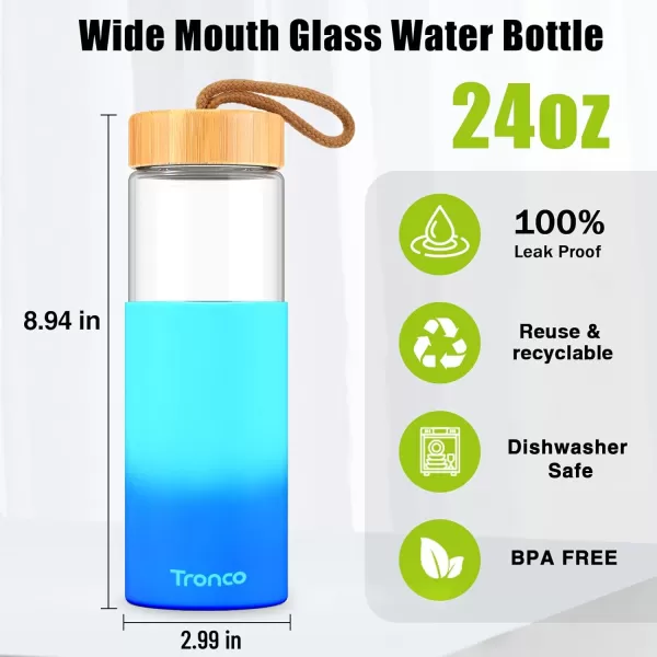 imageTronco 24oz Borosilicate Glass Water Bottle with Bamboo Lid NonSlip Silicone Sleeve LeakProof and Reusable Glass Bottle Perfect for giftsTravel Gym and Everyday Use BPAFree Dishwasher SafeBlue