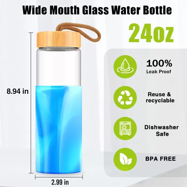 imageTronco 24oz Borosilicate Glass Water Bottle with Bamboo Lid NonSlip Silicone Sleeve LeakProof and Reusable Glass Bottle Perfect for giftsTravel Gym and Everyday Use BPAFree Dishwasher SafeAquamarine